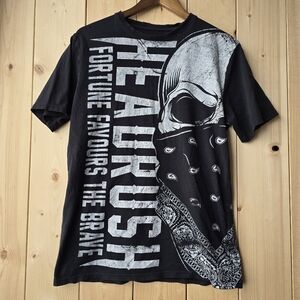 Headrush Fortune Favours the Brave Skull Black Mens T Shirt Small